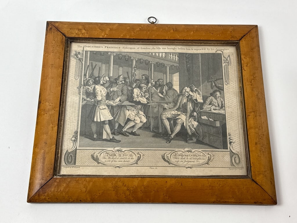 Antique C 1795 William Hogarth Legal Engraving: Antique C 1795 William Hogarth Legal Engraving in Burl Wood Frame. Titled, "The industrious Prentice Alderman of London The Idle One Brought Before Him and Impeach'd by his Accomplice" designed by W