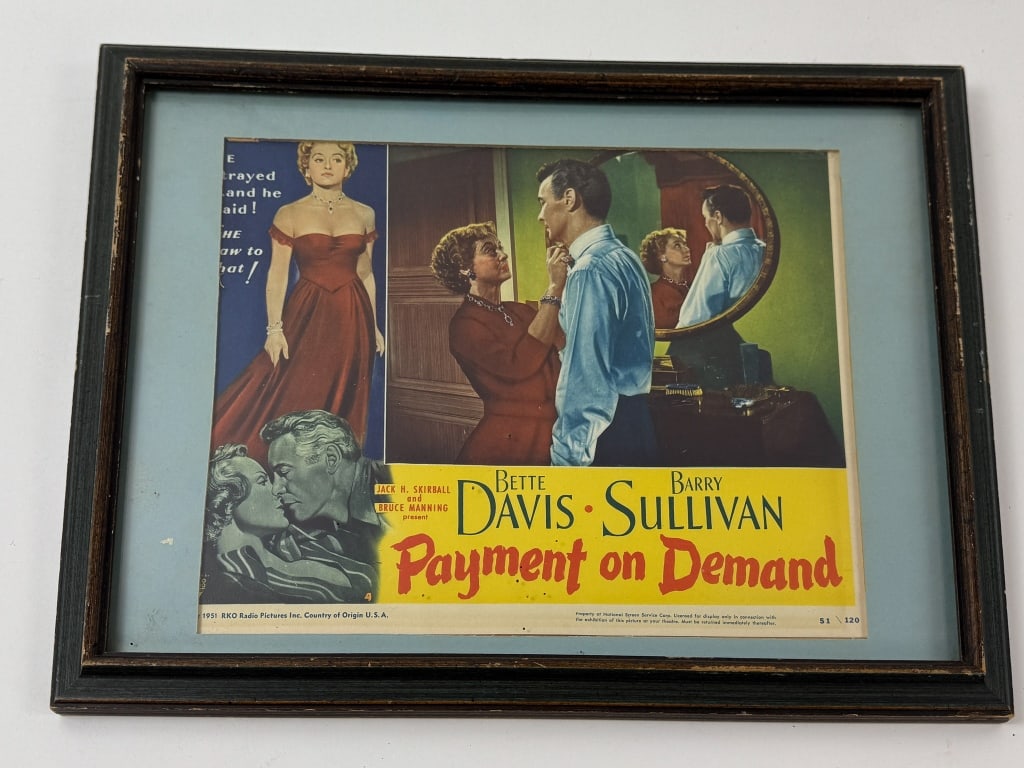 Vintage Framed Movie Poster - Payment on Demand: Vintage Framed Movie Poster Payment on Demand. Starring Bette Davis and Barry Sullivan dated 1951. Measures 13.5 x 17.5 inches.