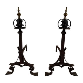 Antique 19th C American Wrought Iron Andirons