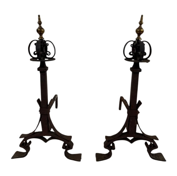Antique 19th C American Wrought Iron Andirons (1 of 10)