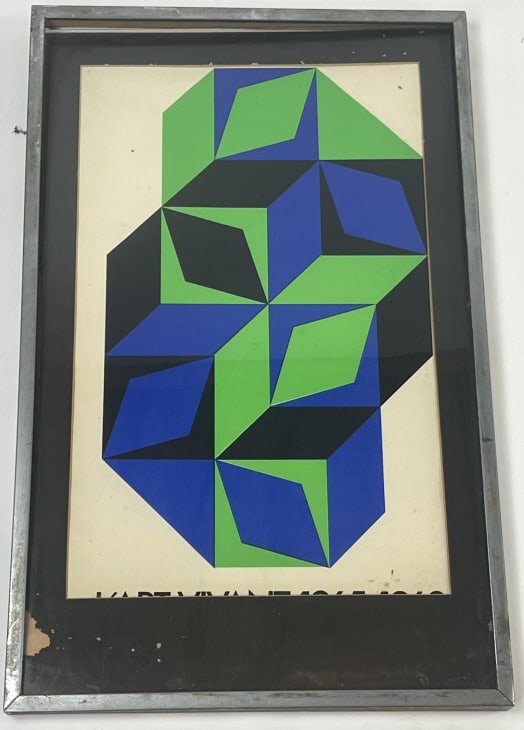 Victor Vasarely (1906-1997) Framed Gallery Poster: Victor Vasarely (1906-1997) Framed Gallery Poster. Hungarian-French artist op art movement framed poster. Authentic Mid Century gallery exhibition advertising poster, made during his lifetime, framed
