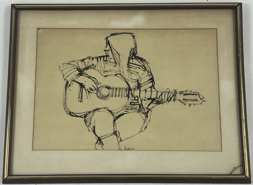 Richard Segalman (1934-2021) Original Watercolor: Richard Segalman (1934-2021) Original Watercolor Painting. One of five paintings by the artist in this auction. Watercolor portrait painting of a guitar player. Custom framed and matted. Measures 18