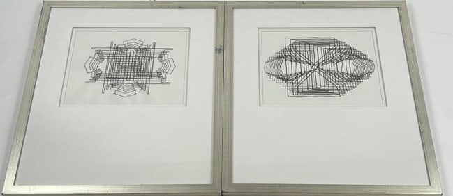 Pair Contemporary Modern Abstract Prints in Silver