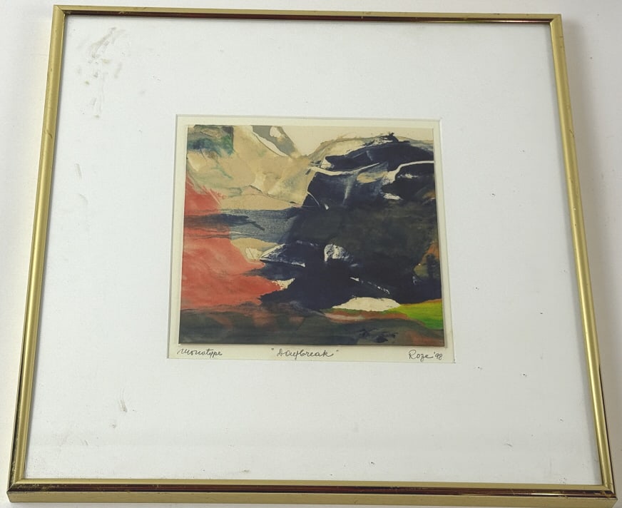 Gerda Roze Contemporary Artwork Original Painting: Gerda Roze Contemporary Artwork Original Painting. Custom framed and matted. Marked as monotype, titled Day Break, dated 1998. Measures approximately 15 x 15 inches.