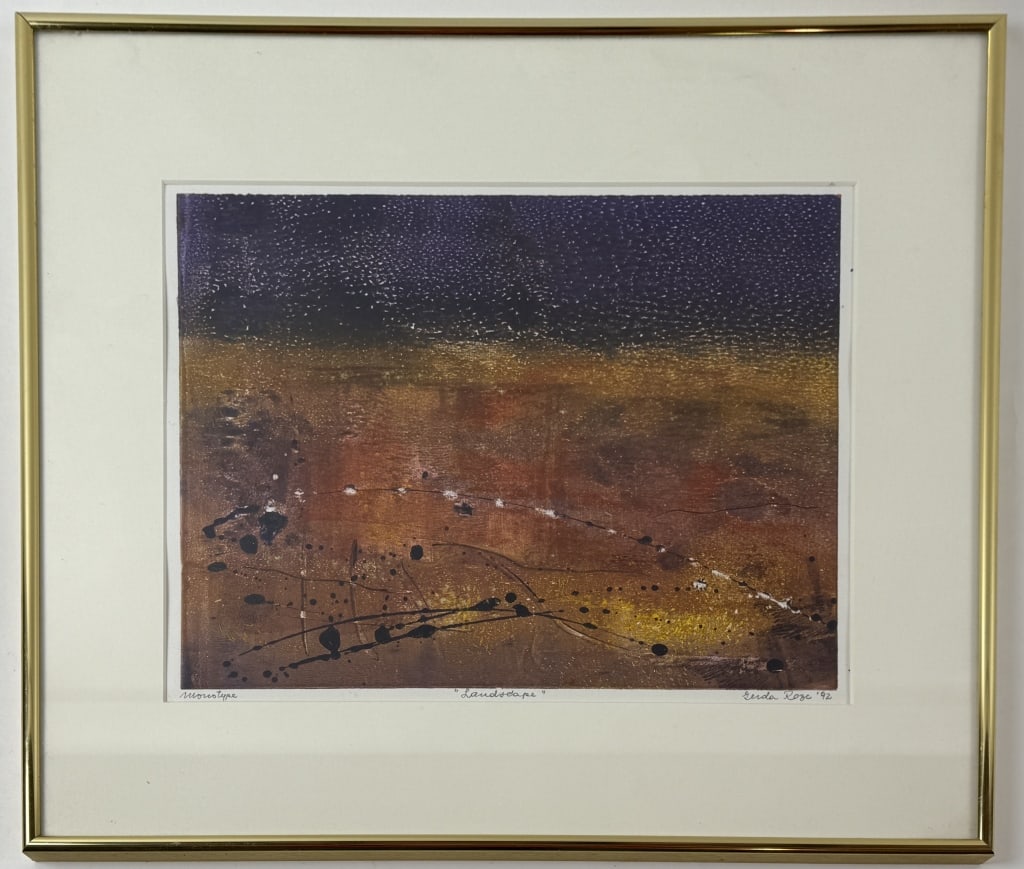 Gerda Roze Contemporary Artwork Original Painting: Gerda Roze Contemporary Artwork Original Painting. Custom framed and matted. Marked as monotype, titled Landscape, dated 1992. Measures approximately 18 x 20 inches.