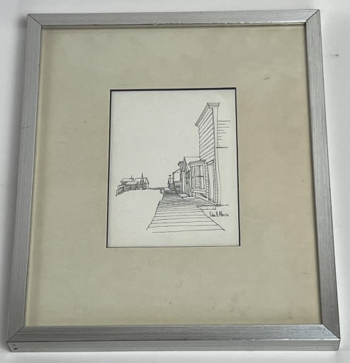 Edward A Morris Original Ink Drawing Street Scene: Edward A Morris Original Ink Drawing Street Scene. Custom framed and matted, behind glass, detailed biography of the artist on the back. Signed bottom right. Measures 12.5 x 10.5 inches.