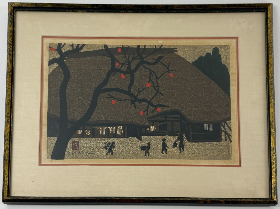 Kiyoshi Saito Framed Japanese Woodblock Print: Kiyoshi Saito Framed Japanese Woodblock Print. Apple picking custom framed and matted. Signed. Measures approximately 17.5 x 21.5 inches.