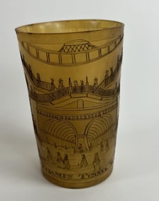 Antique English 19th C Carved & Inked Horn Cup