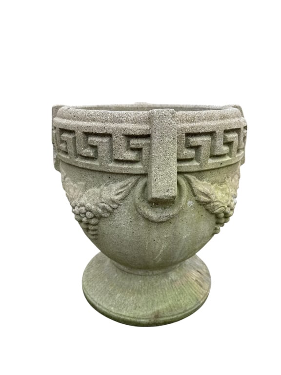 Vintage Garden Cast Stone Greek Key Motif Urn: Vintage Garden Cast Stone Greek Key Motif Urn. Larger example of the two in this auction. Measures 18 inches in height, 16 inches in diameter.
