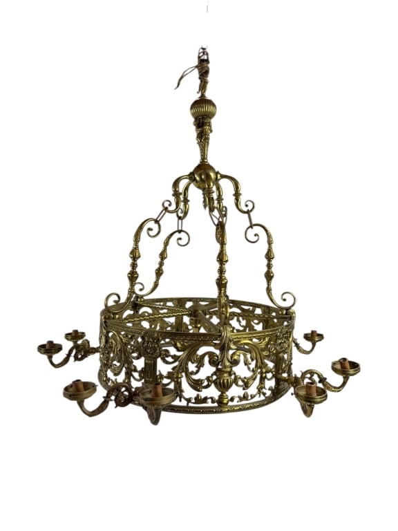 Impressive Bas Relief Ormolu 10 Arm Chandelier: Impressive Bas Relief Ormolu 10 Arm Chandelier w Provenance. This chandelier was removed from an apartment at 911 Park Avenue in Manhattan. Measures approximately 33 inches in height and 36 inches in