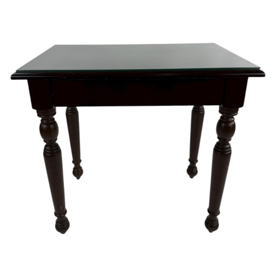 Contemporary Turned Leg Console Table w Drawer: Contemporary Turned Leg Console Table or Desk w Drawer. Glass top. Measures 31 x 33 x 22 inches.