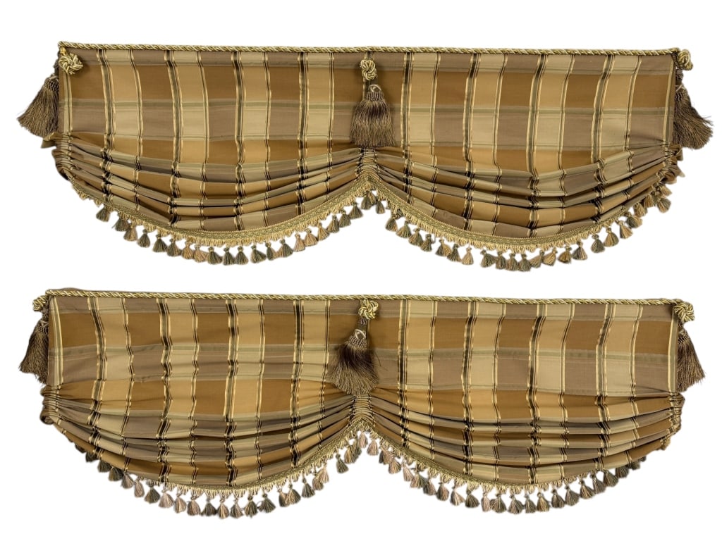 Pair of Custom Made Silk Window Valances w Tassels: Pair of Custom Made Silk Window Valances w Tassels. Custom made silk window treatments with wooden frame. Each measures 56 x 18 x 3 inches approximately.