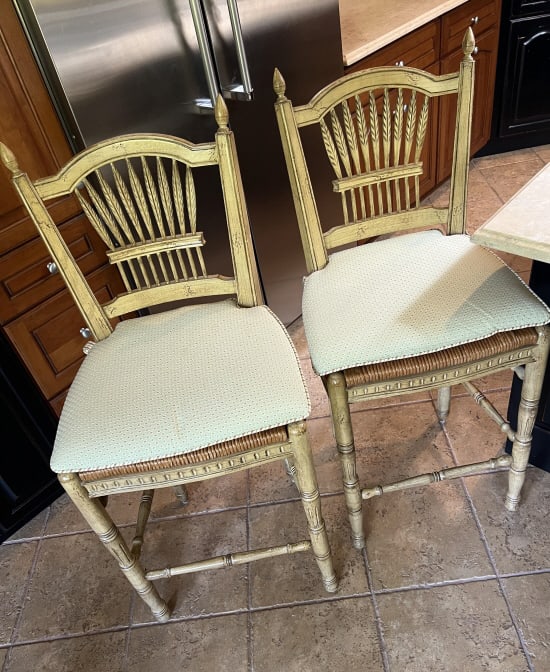 Pair of Custom Made Hand Painted Bar Stools: Pair of Custom Made Hand Painted Bar Stools. Turned legs and stretchers, carved wheat motif backs, custom made seat cushions. Each measures 46 x 20 x 17 inches.