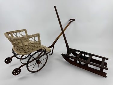 Antique Doll Carriage & Handmade Miniature Sled
