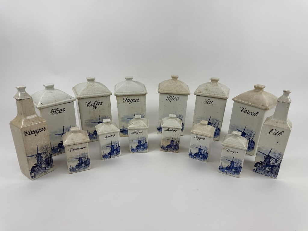 Collection Delft Porcelain Blue White Kitchen Jars: Collection Delft Porcelain Blue White Kitchen Jars / Canisters. Vintage kitchen set with Dutch windmill scenes. Largest measures 10 inches in height.
