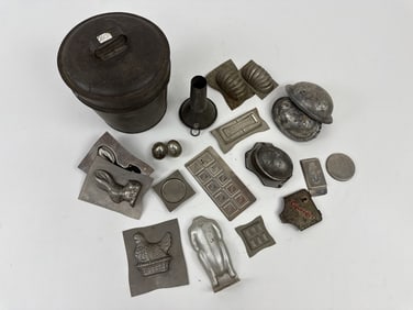 Antique Tin Lidded Canister w Molds & Funnel