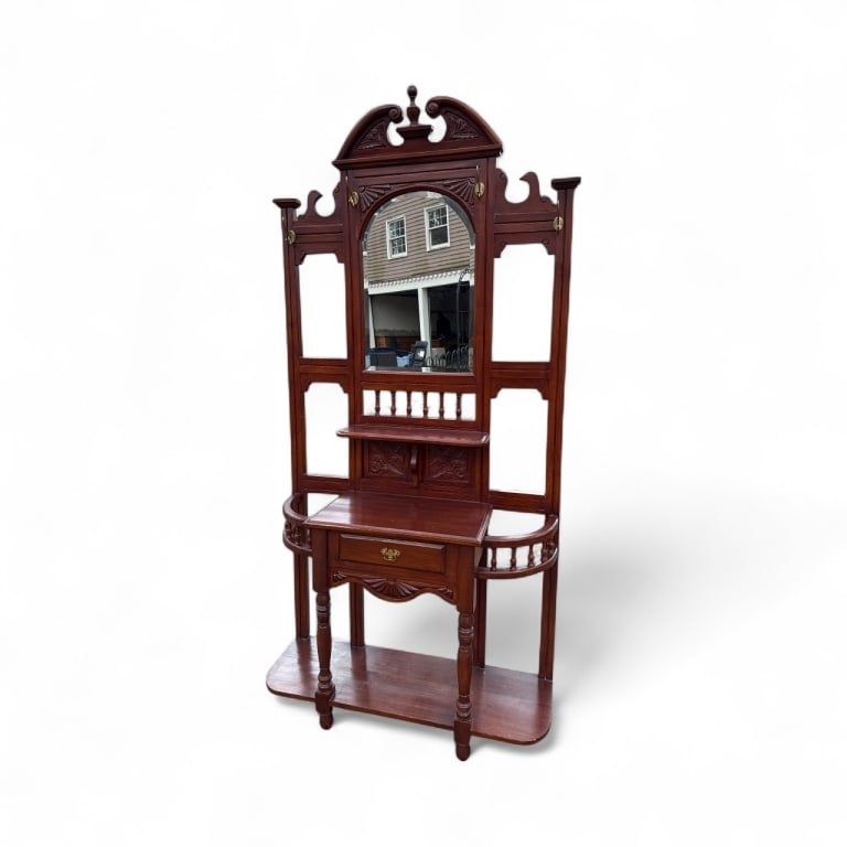 Antique Mahogany Aesthetic Movement Hall Stand: Antique Mahogany Aesthetic Movement Hall Stand. Large scale, Victorian Eastlake / Aesthetic Movement style hall stand or hall tree. Measures 86 x 42 x 15 inches.