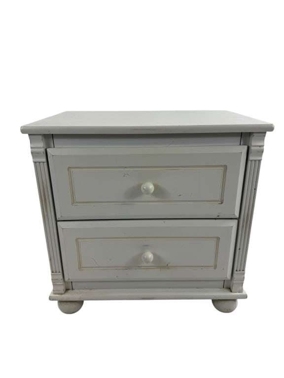 Contemporary Painted Wood Two Drawer Nightstand: Contemporary White Painted Wood Two Drawer Nightstand. Measures 24 x 24 x 17 inches.