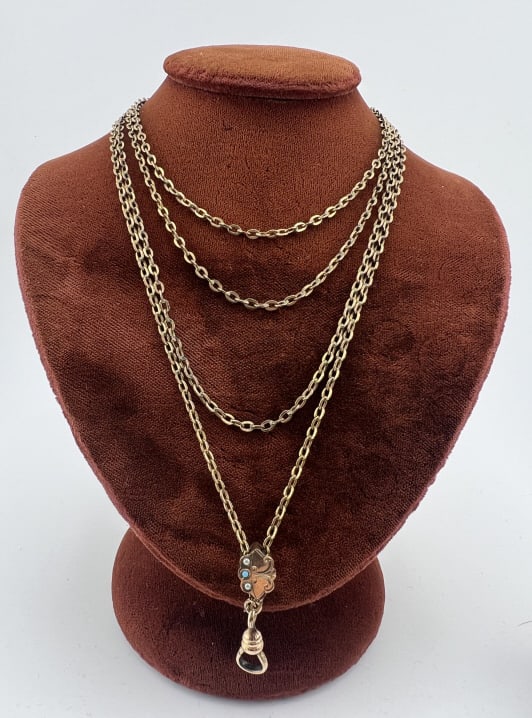 Antique 19th C 10kt Gold Slide Guard / Watch Chain: Antique 19th C 10kt Gold Slide Guard or Watch Chain. Antique 19th Century American Victorian gold filled guard chain / watch chain with 10kt gold slide set with seed pearls and turquoise cabochon and