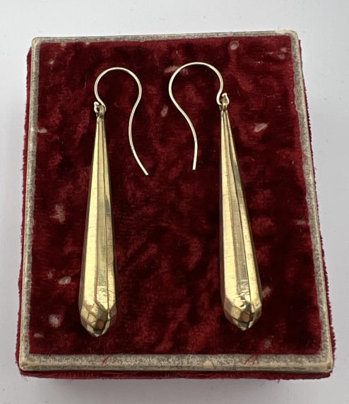 Pair 14KT Gold Victorian Teardrop Pendant Earrings: Pair 14KT Gold Victorian Teardrop Pendant Earrings.Pair of 19th C Victorian gilt metal teardrops/torpedo design suspended from 14KT yellow gold ear wires that are hallmarked 14KT. Each measures just o