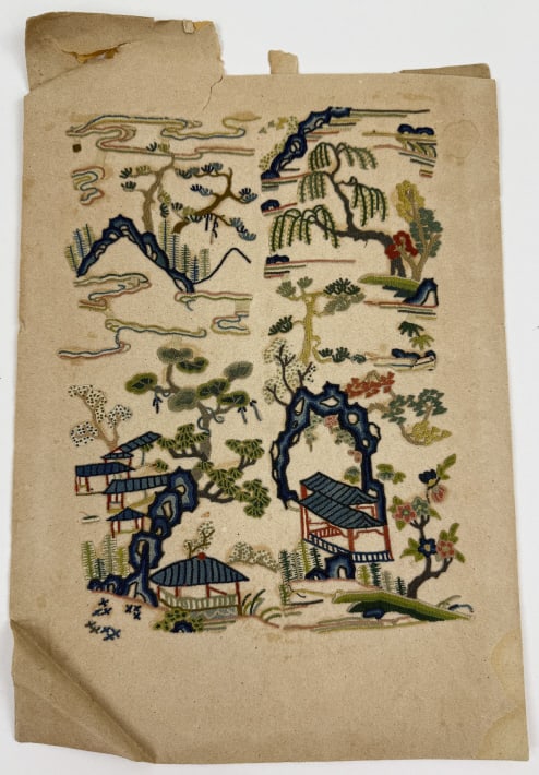 Antique Chinese Forbidden Stitch Silk Embroidery: Antique Chinese Forbidden Stitch Silk Embroidery Panel. Forbidden stitch embroidery. Design of bonzai garden / landscapes / pagodas. " Dead stock " on original paper card. Measures approximately 13.5
