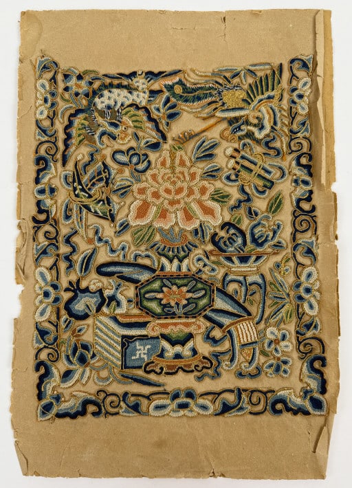 Antique Chinese Forbidden Stitch Silk Embroidery: Antique Chinese Forbidden Stitch Silk Embroidery Panel. Forbidden stitch with metallic embroidery. " Dead stock " on original paper card. Measures approximately 13.5 inches x 9 inches.