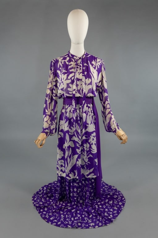 Vintage 1960s Givenchy Purple Silk Chiffon Dress: Vintage 1960s Givenchy Purple Silk Chiffon Dress. Three pieces, dress, belt, and skirt. Zips to close with hooks at front. Skirt is pleated and zips to close. Light wear as shown. Dress measures 36 -