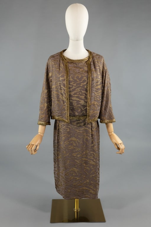 Vintage 1960s Christian Dior Silk Lame Dress Set: Vintage 1960s Christian Dior Silk Lame Dress & Jacket Set. Wiggle style dress with lame details throughout. Zips at back to close with inner zip on silk lining as well. Oxidation to lame threads