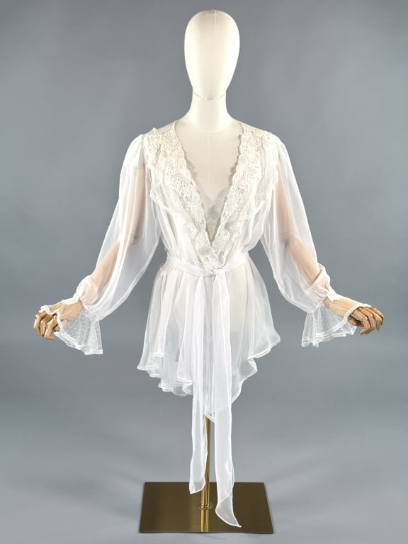 Vintage 1980s Victoria's Secret Beaded Lace Robe: Vintage 1980s Victoria's Secret Beaded Lace Lingerie Robe. With balloon sleeves and ruffled sleeve cuffs. Ruched through back with flutter hem. Ties at waist with attached belt. One size fits most. Me