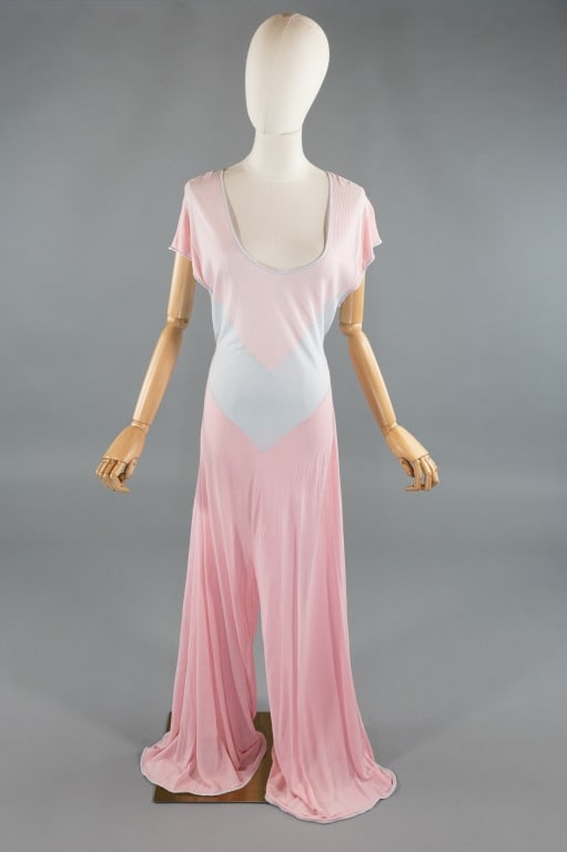Vintage 1930s Pink & Blue Rayon Knit Beach Pajamas: Vintage 1930s Pink & Blue Rayon Knit Beach Pajamas Lounge Wear One Piece Jumpsuit. Knit throughout with Deco seaming. Ties at back neck and waist. Light wear throughout as shown. Stretch throughout. M