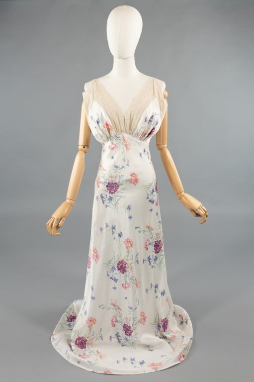 Vintage 1930s Rayon Satin Floral Print Slip Dress: Vintage 1930s Rayon Satin Floral Print Slip Dress Night Gown. Lace detail at neck and straps with ruching through bust and bias cut through body. Light wear as shown throughout. Measures 34 - 38 inch
