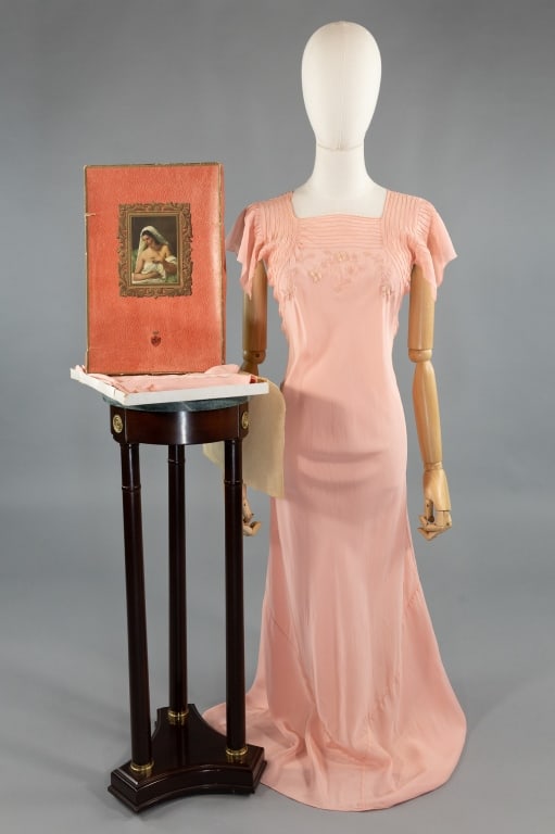 Vintage 1930s Lingerie Trousseau Night Gown Set: Vintage 1930s Pink Silk Hand Sewn 3 Pc Lingerie Trousseau Slip Dress Night Gown Tap Shorts Set. In its original box marked Albo. Three pieces, one long night gown, one short night gown, and one pair