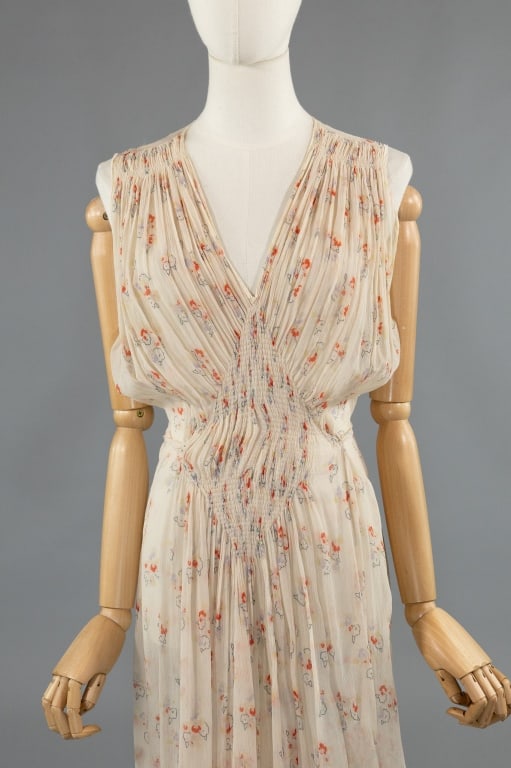 Vintage 1930s Floral Print Silk Smocked Slip Dress - 2