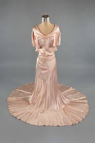 Vintage 1930s Pink Satin Art Deco Evening Gown: Vintage 1930s Pink Silk Satin Art Deco Evening Gown Bias Cut Dress. With Deco seaming throughout and details at neckline. Bias cut with stretch throughout, no closures. Wear throughout as shown - popp