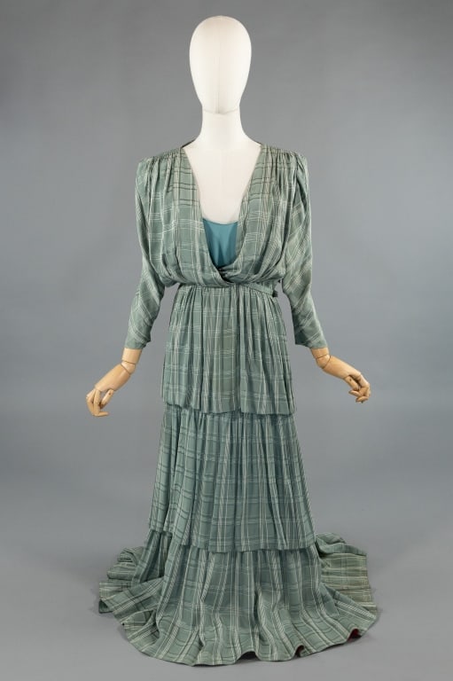 Vintage 1930s Blue Plaid Silk Tiered Ruffled Dress: Vintage 1930s Maria Erlandson Blue Plaid Silk Tiered Ruffled Dress Gown. Two pieces with slip and top. Zips at side to close. Contrast red lining at bottom tier of skirt. Label reads Maria Erlandson.
