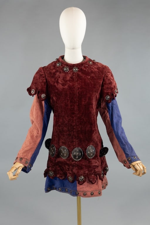 Vintage 1930s Velvet French Theater Stage Costume: Vintage 1930s Metal Studded Velvet French Theater Stage Costume. Missing metal embellishments and has loose ones as shown. Buttons up center back to close. Stamped inside Aristide Boyer Marseille.