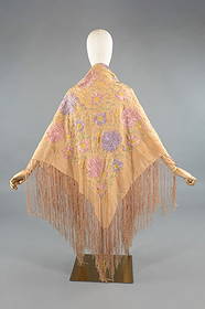 Antique 1920s Pastel Silk Embroidered Piano Shawl: Antique 1920s Pastel Silk Floral Embroidered Piano Shawl. Peach ground with pink and purple flowers throughout with green and yellow details. Light spots and wear throughout as shown. Measures approxi