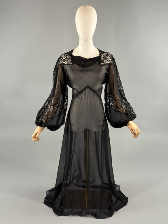 Vintage 1930s Black Silk Chiffon & Lace Gown: Vintage 1930s Black Silk Chiffon & Lace Balloon Sleeve Gown Dress. Bias cut throughout with stretch. Lace details at shoulders and sleeves. Holes in sleeve as shown. Measures 32 - 36 inch bust, 28 - 3