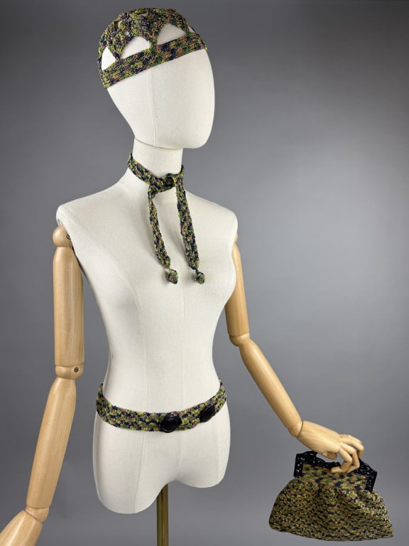 Vintage 1930s Rainbow Crochet Bag Hat Belt Set (1 of 7)