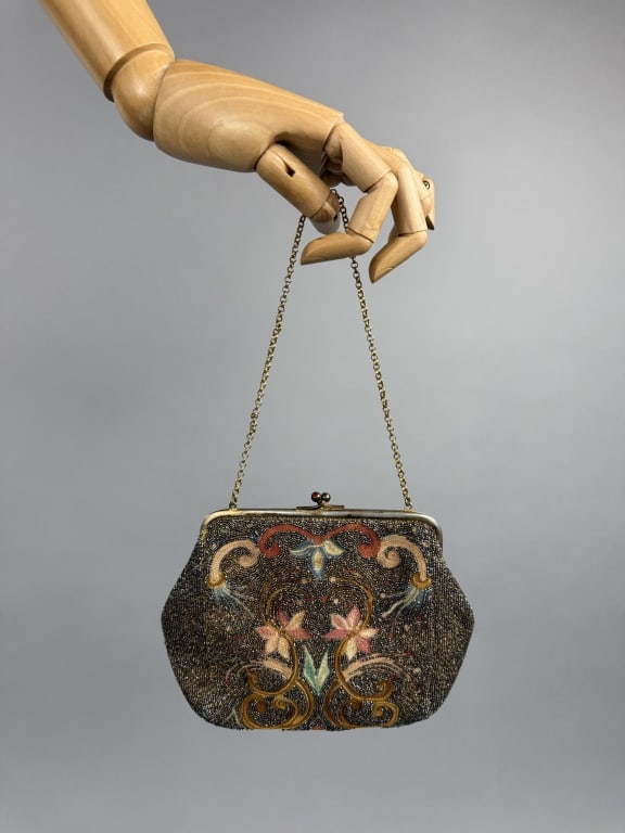 Antique 1920s Metal Beaded Embroidered Purse Bag (1 of 9)