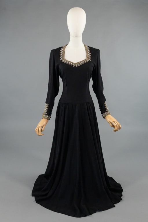 Vintage 1940s Black Beaded Crepe Evening Gown (1 of 9)
