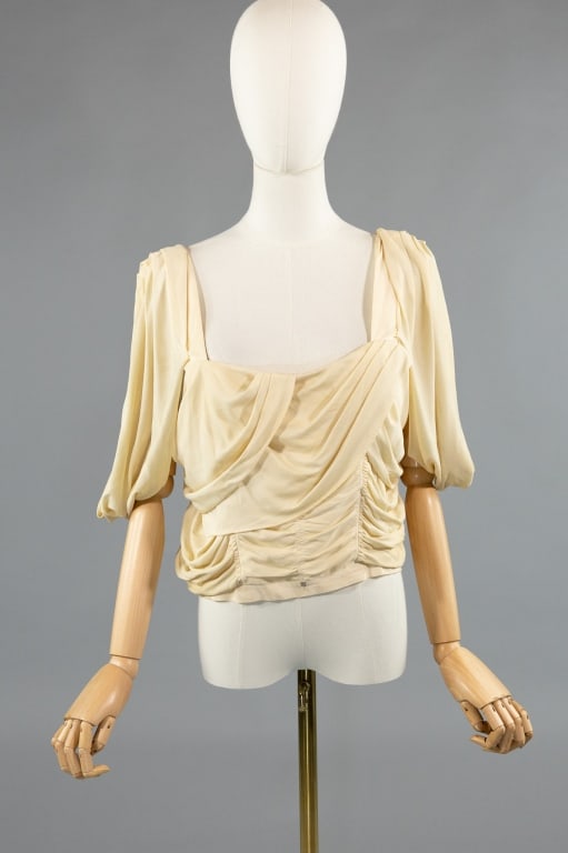 Vintage 1940s Western Costume Cream Draped Top: Vintage 1940s Western Costume Cream Draped Ruched Blouse Top Shirt. With draped details throughout. Closes at back with hooks featuring ruched detail. Labeled Western Costume Co. Fully lined. Light we