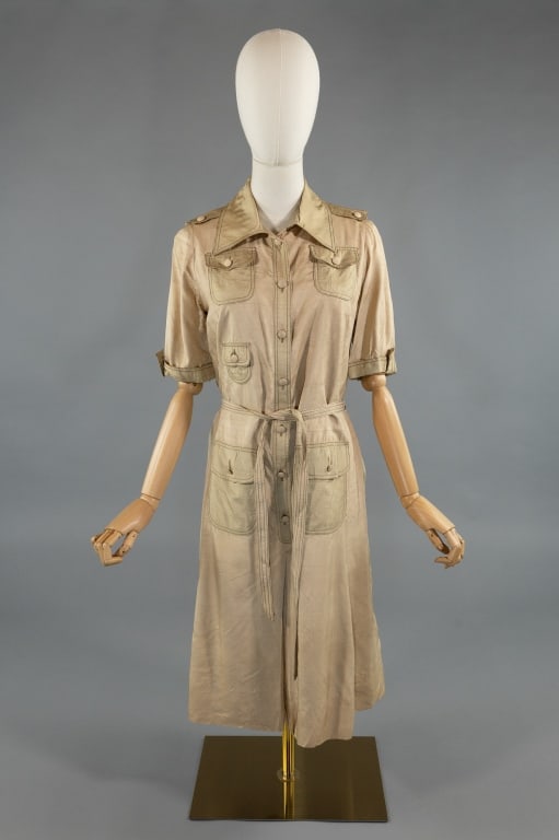 Vintage 1960s Bonwit Teller Safari Shirt Dress: Vintage 1960s Bonwit Teller Silk Safari Cargo Pocket Shirt Dress. Made in France - 100% silk. Buttons up front to close with cargo pockets and epaulettes. Removable belt at waist. Fully lined. Measure