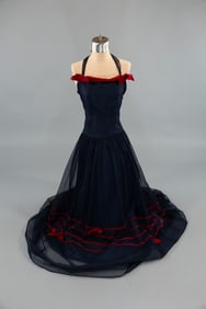 Vintage 1940s Navy Blue Halter Net Evening Gown