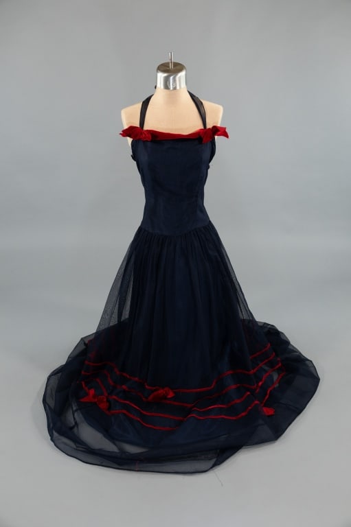 Vintage 1940s Navy Blue Halter Net Evening Gown (1 of 11)
