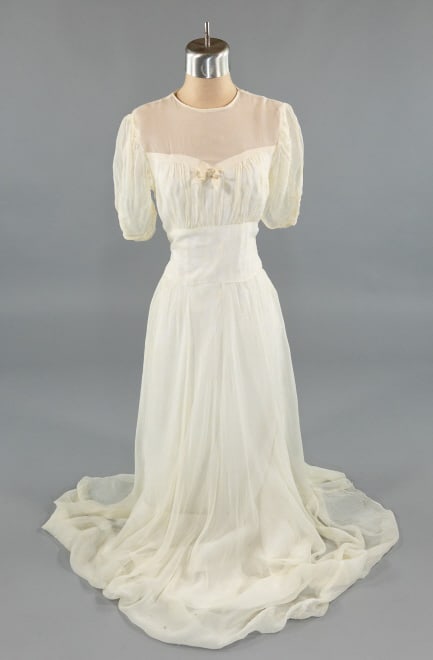 Vintage 1930s White Rayon Chiffon Ruched Gown: Vintage 1930s White Rayon Chiffon Ruched Gown Dress. With grosgrain ribbon detail at bust. Ruched throughout. Fully lined. Wear throughout as shown, spotting and discoloration, pin holes, and wear at