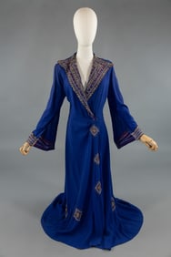 Vintage 1930s Blue Crepe Embroidered Wrap Robe