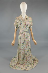 Vintage 1940s Rayon Paisley Printed Dress Gown