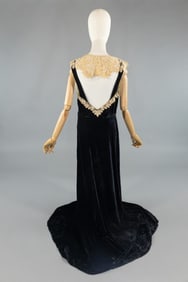 Vintage 1930s Black Velvet Lace Open Back Gown