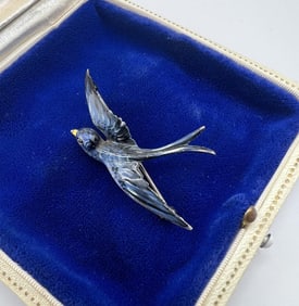 Antique Sterling & Enamel Figural Bird Brooch